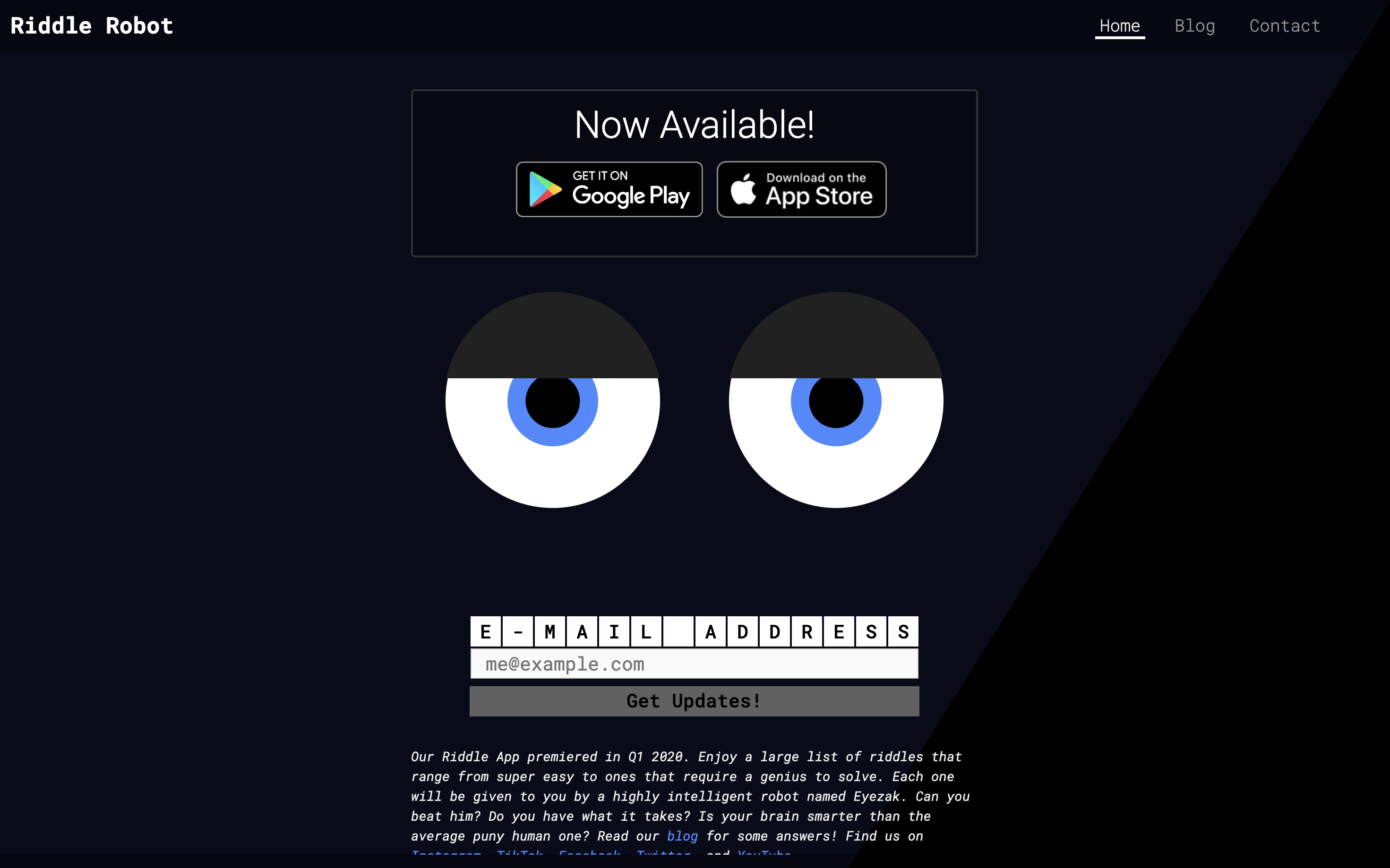 Screenshot of RiddleRobot.com, Eyezak the Puzzle Master has 1000s of riddles for you!